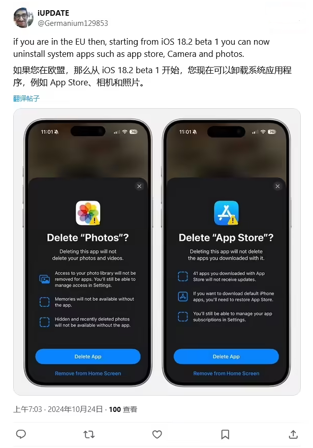 南岔苹果手机维修分享iOS 18.2 支持删除 App Store 应用商店 