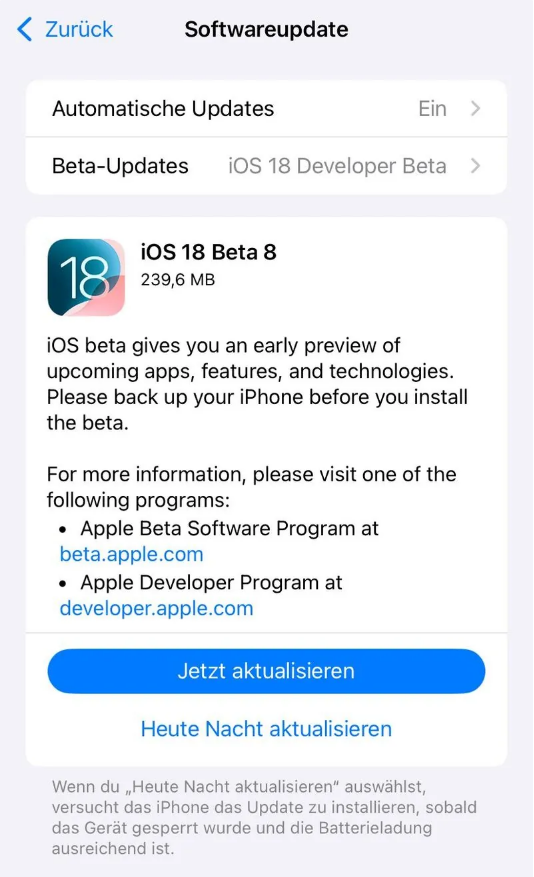 南岔苹果手机维修分享苹果 iOS / iPadOS 18 开发者预览版 Beta 8 发布 